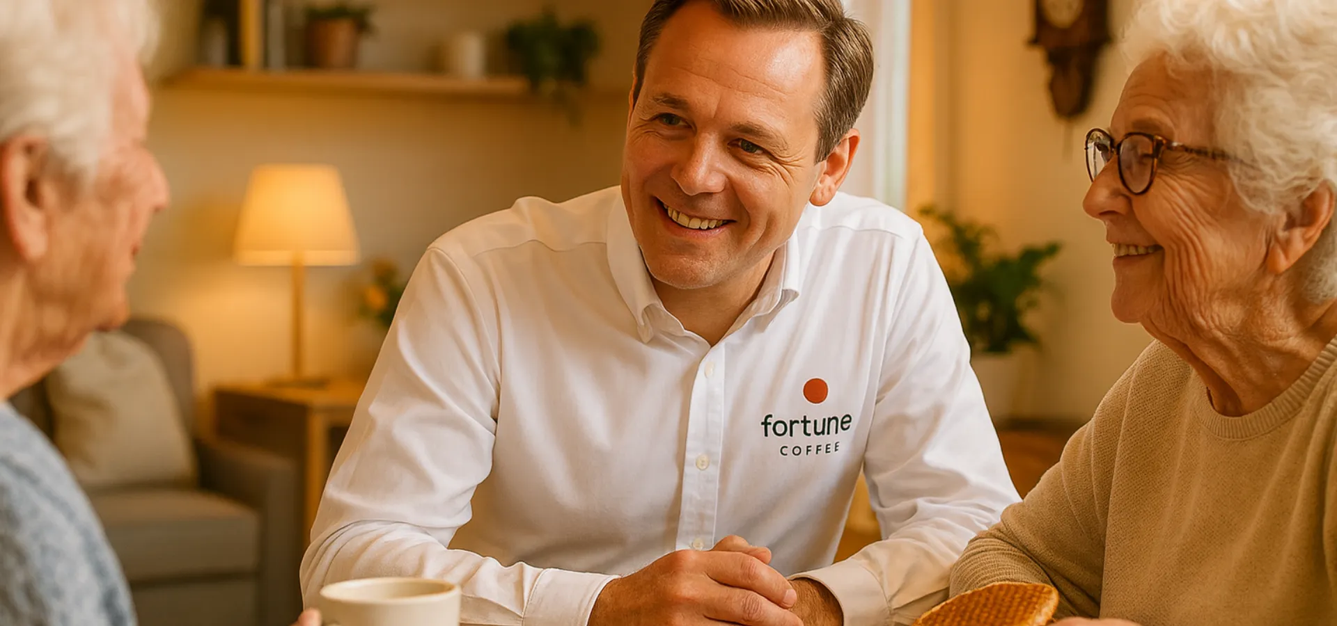 Fortune Coffee medewerker heeft gesprek met twee personen